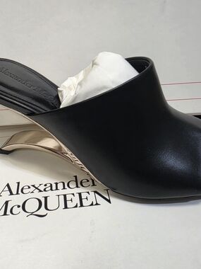 Alexander McQueen Black Leather Mule with Sculpted Gold Heel Accent